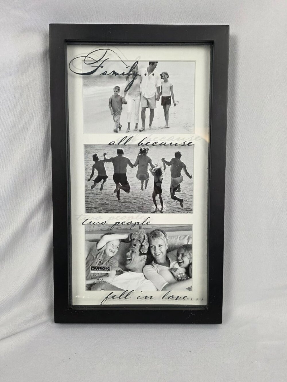 Photo frame holding 3 4x6 photos "Family All Because Two People Fell In Love"